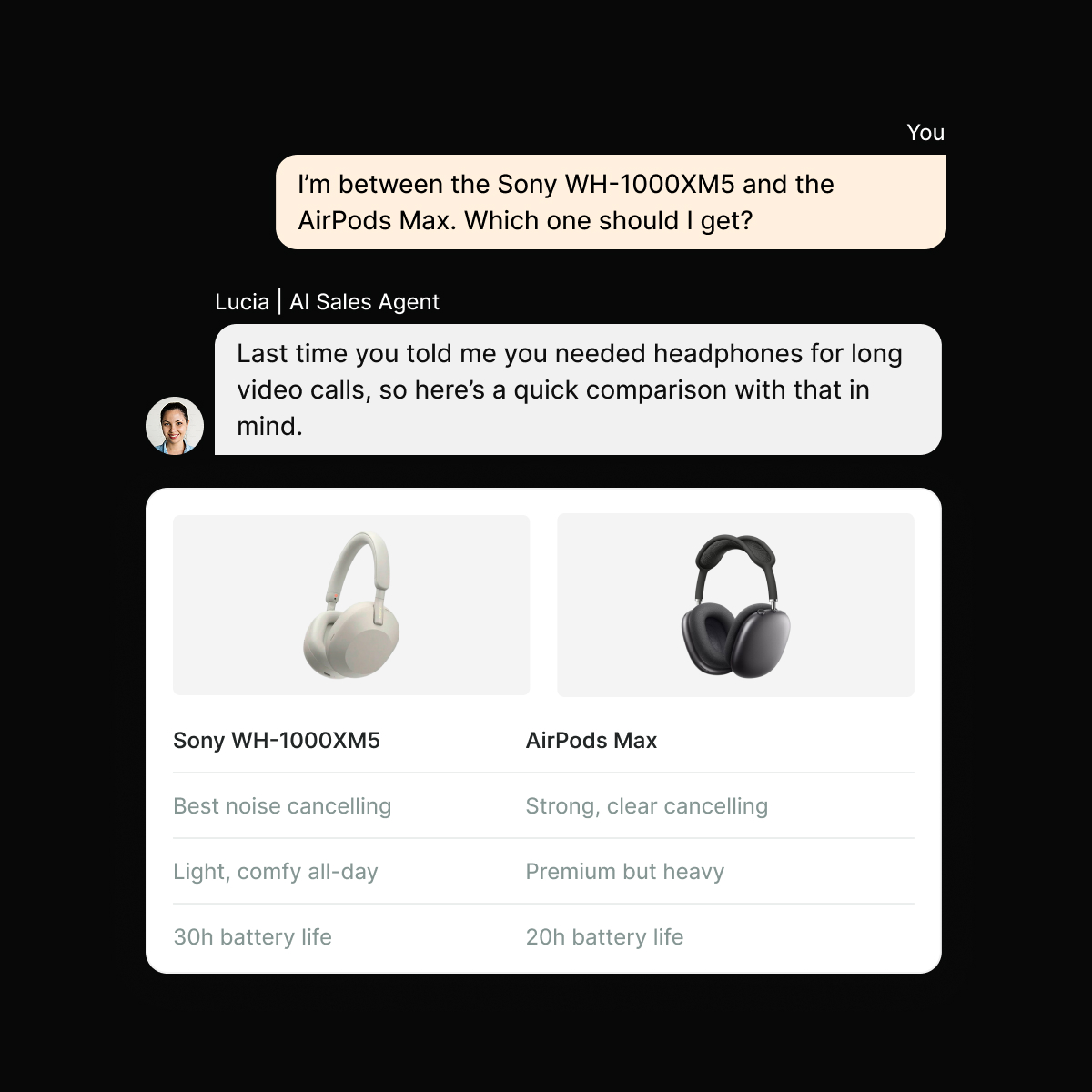 AI Shopper Agent showing side-by-side product comparisons to help customers make decisions