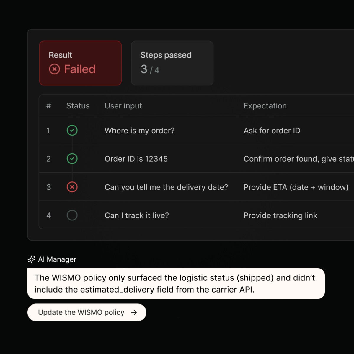 AI Manager testing interface displaying performance metrics and testing results for automated customer interactions